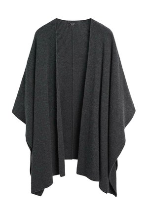 Donkergrijze gebreide open voorkant cape met brede mouwen en geribbelde details langs de randen, plat hangend tegen een witte achtergrond.