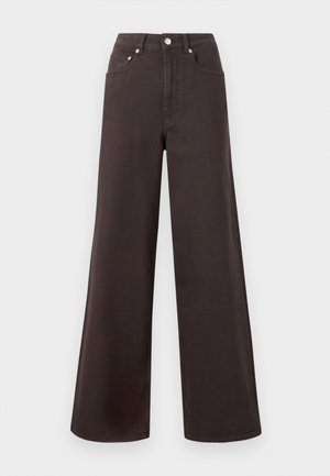 High-waisted wide-leg dark brown jeans with front button and pockets, displayed on a plain light background.