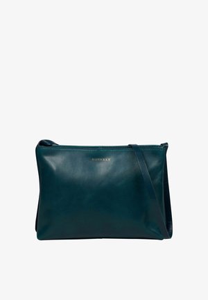 Sac en bandoulière en cuir bleu canard avec une texture lisse, logo doré "BURKELY", fermeture zippée et une sangle ajustable. Forme rectangulaire, design minimaliste.