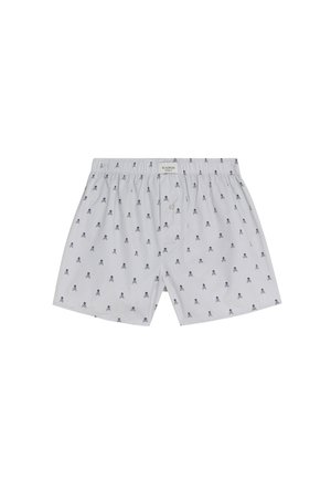 Bóxers para hombre blancos con estampado de calaveras y huesos cruzados en negro, cintura elástica y cierre frontal con botones.
