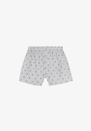 Bóxers para hombre blancos con estampado de calaveras y huesos cruzados en negro, cintura elástica y cierre frontal con botones.