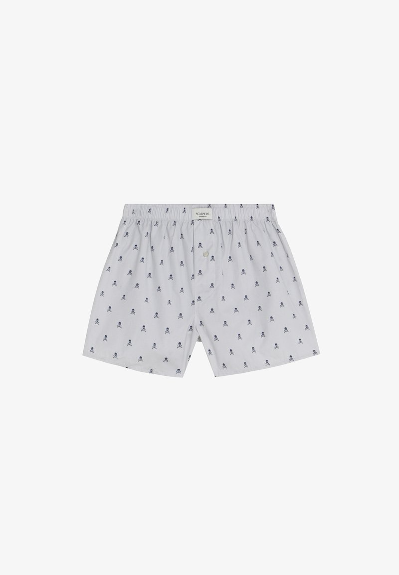 Bóxers para hombre blancos con estampado de calaveras y huesos cruzados en negro, cintura elástica y cierre frontal con botones.