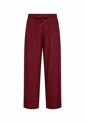 Burgundy wide-leg pants made of soft fabric, featuring an elastic waistband with a drawstring and smooth texture.