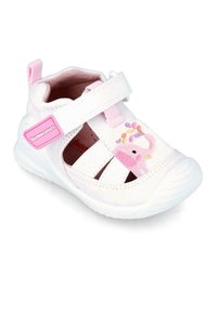 Sandalia blanca para niños con acentos rosas, parte superior de lona, correa ajustable, diseño cortado y bordado de elefante en el lado. Suela de goma.