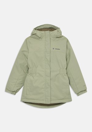 Veste à capuche isolée vert clair avec taille élastique, fermeture éclair à l'avant recouverte d'un rabat et manches longues avec poignets élastiques.