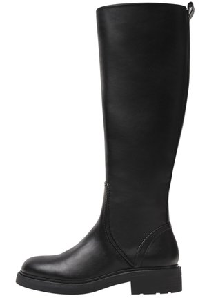 Botte noire en cuir haute avec talon bas, bout arrondi et languette de tirage à l'arrière, conçue pour le style et le confort.