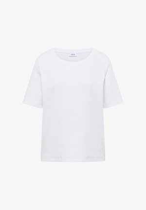 Gładki biały bawełniany T-shirt z krótkim rękawem i okrągłym dekoltem, prezentowany na tle w kolorze białym, bez wzorów i logo.