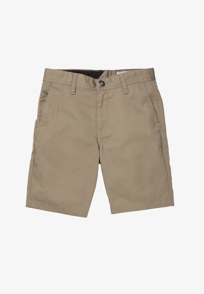 Shorts en coton beige à coupe droite, avec deux poches latérales et une fermeture par bouton à la taille. Texture lisse sans motifs apparents.