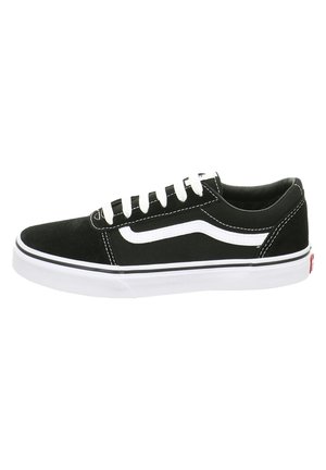 Sort lavsko sneaker med hvid side-stribe, hvide snørebånd og hvid gummisål med sort kant, set fra siden.