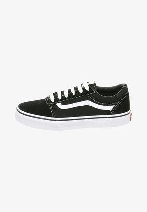 Sort lavsko sneaker med hvid side-stribe, hvide snørebånd og hvid gummisål med sort kant, set fra siden.