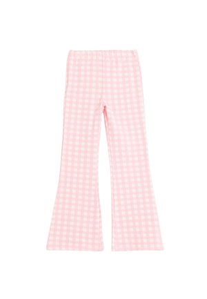 Roze geruite flared broek met een elastische tailleband, voorzien van een ruitpatroon en een zachte, gestructureerde stof.