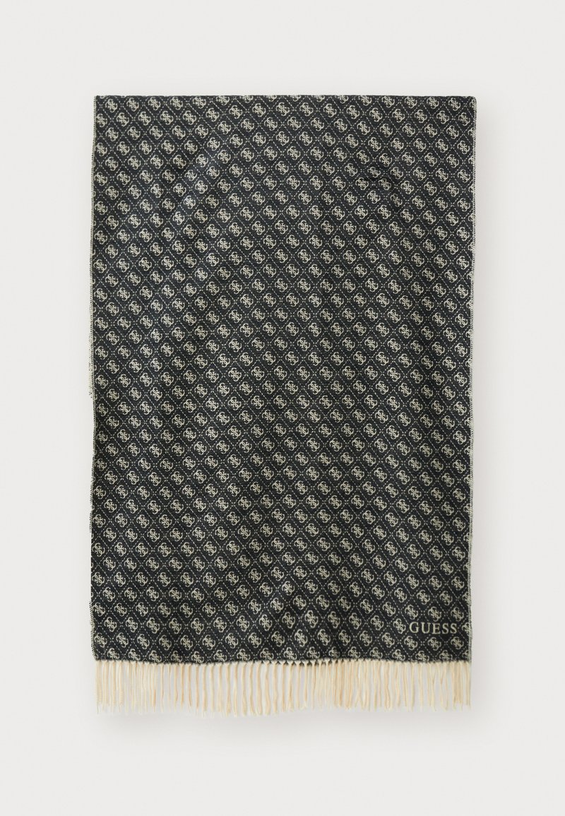 Sort mønstret tørklæde med et diamantdesign i creme, afsluttet med fransede kanter. Logoet vises i nederste hjørne.