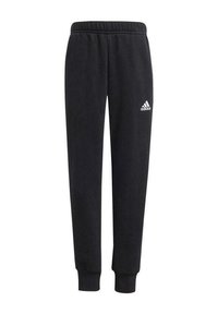 Pantaloni felpati neri con finitura testurizzata, dotati di una cintura elastica e polsini. Il logo Adidas è stampato in bianco sul lato anteriore sinistro.