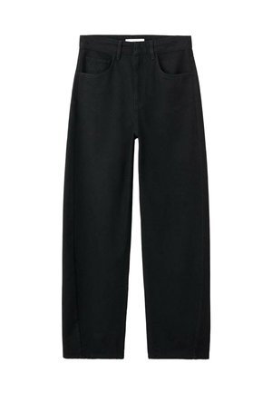 Jeans neri a vita alta, gamba dritta, con tasche frontali, passanti per cintura e cuciture visibili su sfondo bianco.