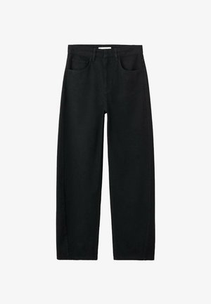 Zwarte jeans met hoge taille en rechte pijpen, voorzien van voorzakken, lussen voor een riem en zichtbare stiksels op een witte achtergrond.