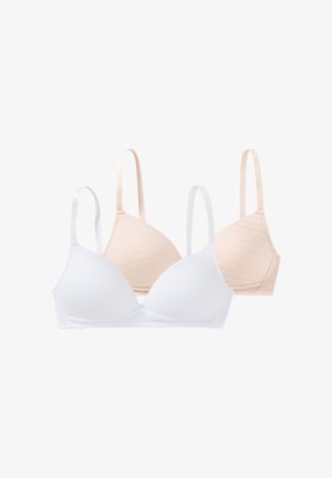 Zwei kabellose BHs gezeigt, ein weißer und ein beiger, beide mit dünnen verstellbaren Schulterträgern und glatten geformten Cups.