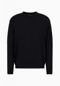 Maglione nero a collo rotondo in tessuto lavorato a maglia, con maniche lunghe e polsini e orlo a coste. Design minimalista senza decorazioni.