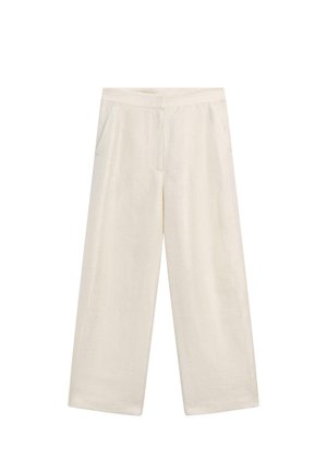 Cremefarbene weite Hosen mit Seiten Taschen und hohem Bund, flach auf weißem Hintergrund präsentiert.