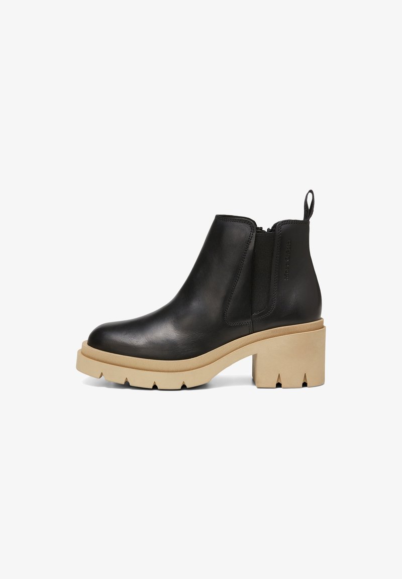 Black leather ankle boots with a chunky beige heel and rubber sole, featuring elastic side panels and a pull tab at the back.
