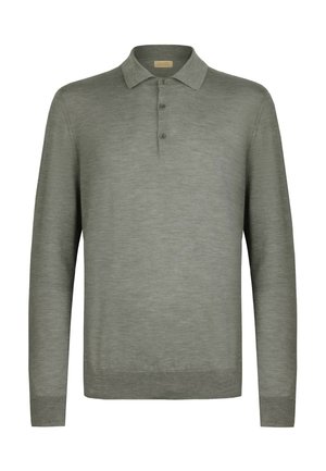 Lys oliven grøn langærmet polo skjorte lavet af blød stof, med en tre-knap stolpe og ribbede manchetter. Minimalistisk design.