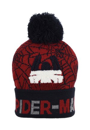 Red and black knitted Spider-Man winter hat with pom-pom, spider web pattern, and "SPIDER-MAN" text on the front cuff.