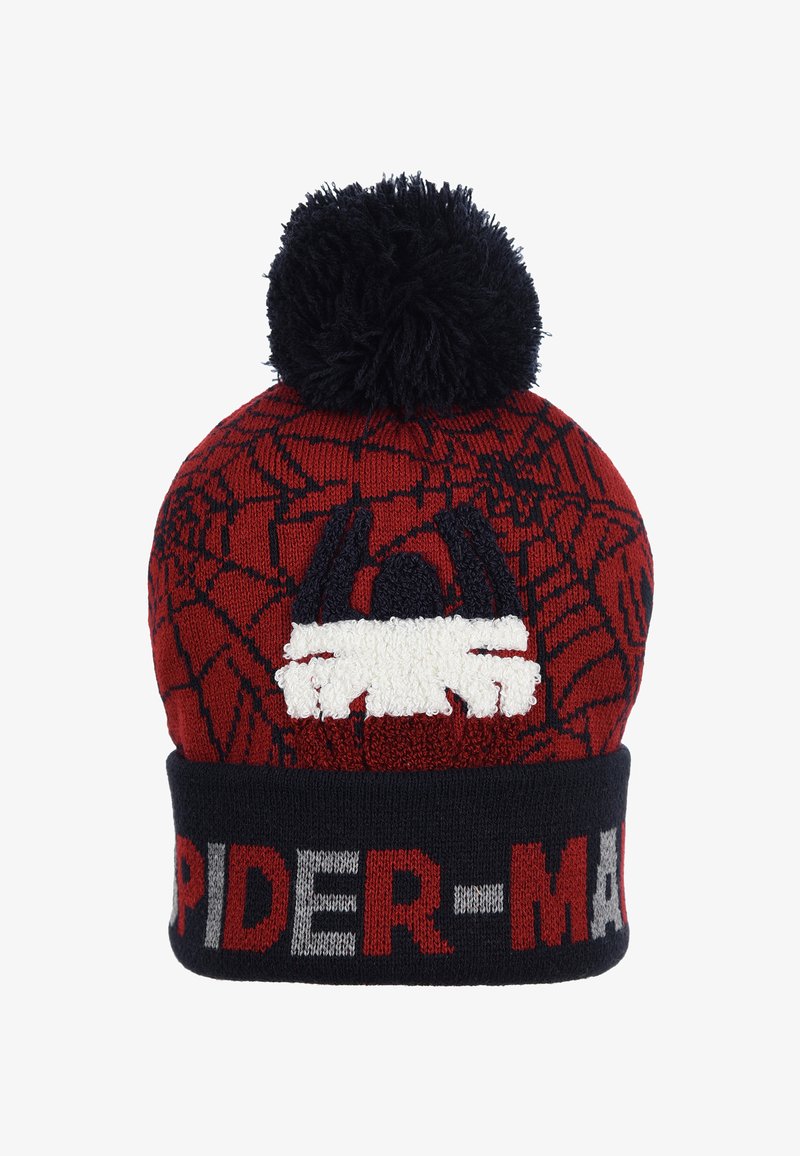 Rote und schwarze gestrickte Spider-Man-Wintermütze mit Pompon, Spinnennetzmuster und dem Text "SPIDER-MAN" auf dem vorderen Ärmel.