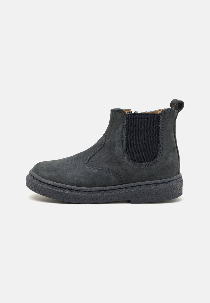 Dark gray suede ankle boot with elastic side panels, round toe, and textured rubber sole. Features a pull tab at the back for easy wearing.