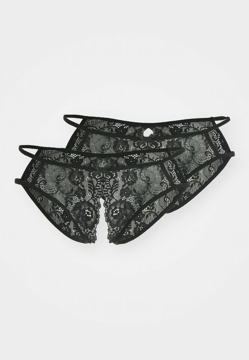 Mustat pitsiset alushousut, joissa on kukkakuviot, nauhakoristeet ja avainreikäyksityiskohta takana. Pehmeä, läpikuultava materiaali.