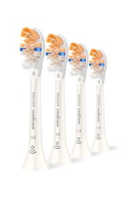 Têtes de rechange pour brosse à dents Philips Sonicare A3 ; en plastique blanc avec des poils orange et bleus, conçues pour un nettoyage efficace. Quatre unités visibles.