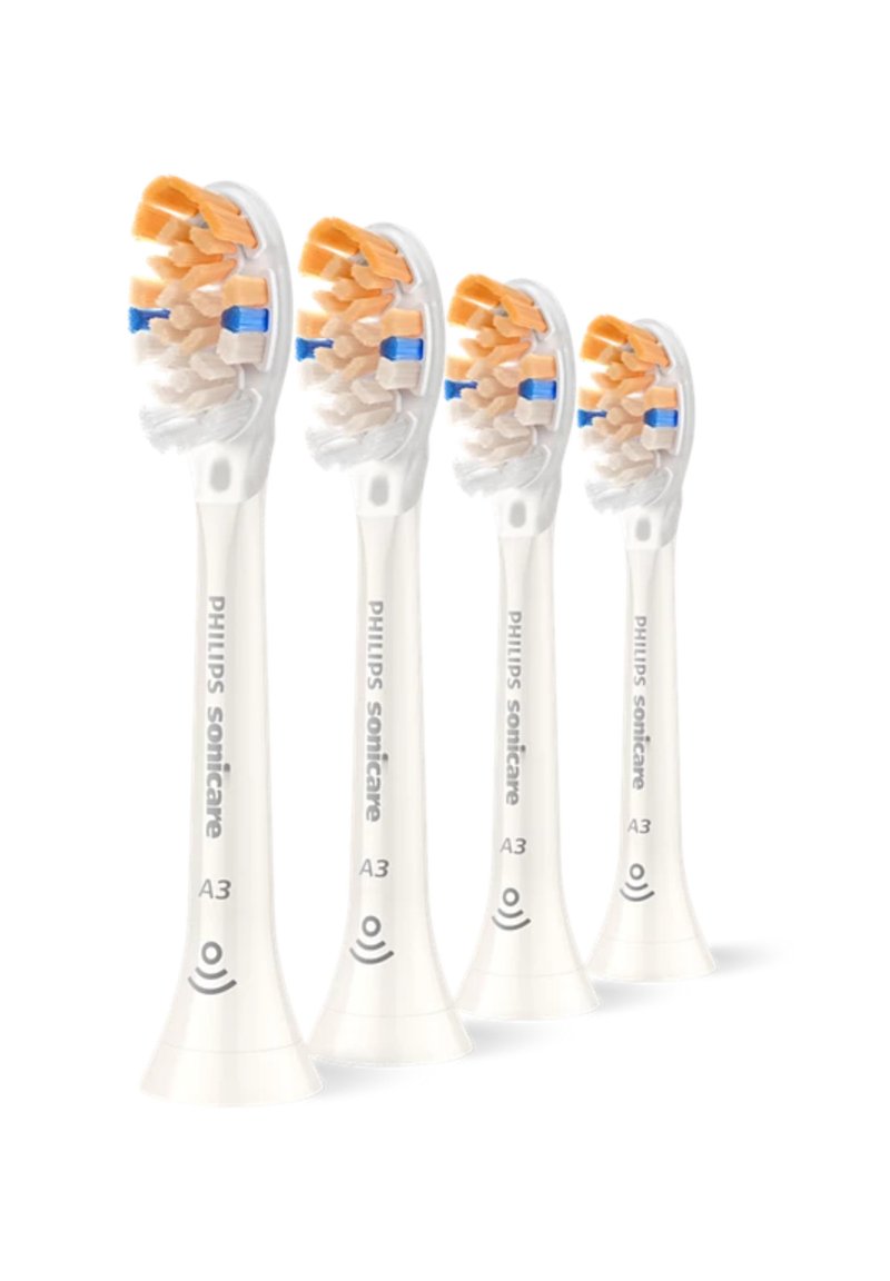 Têtes de rechange pour brosse à dents Philips Sonicare A3 ; en plastique blanc avec des poils orange et bleus, conçues pour un nettoyage efficace. Quatre unités visibles.