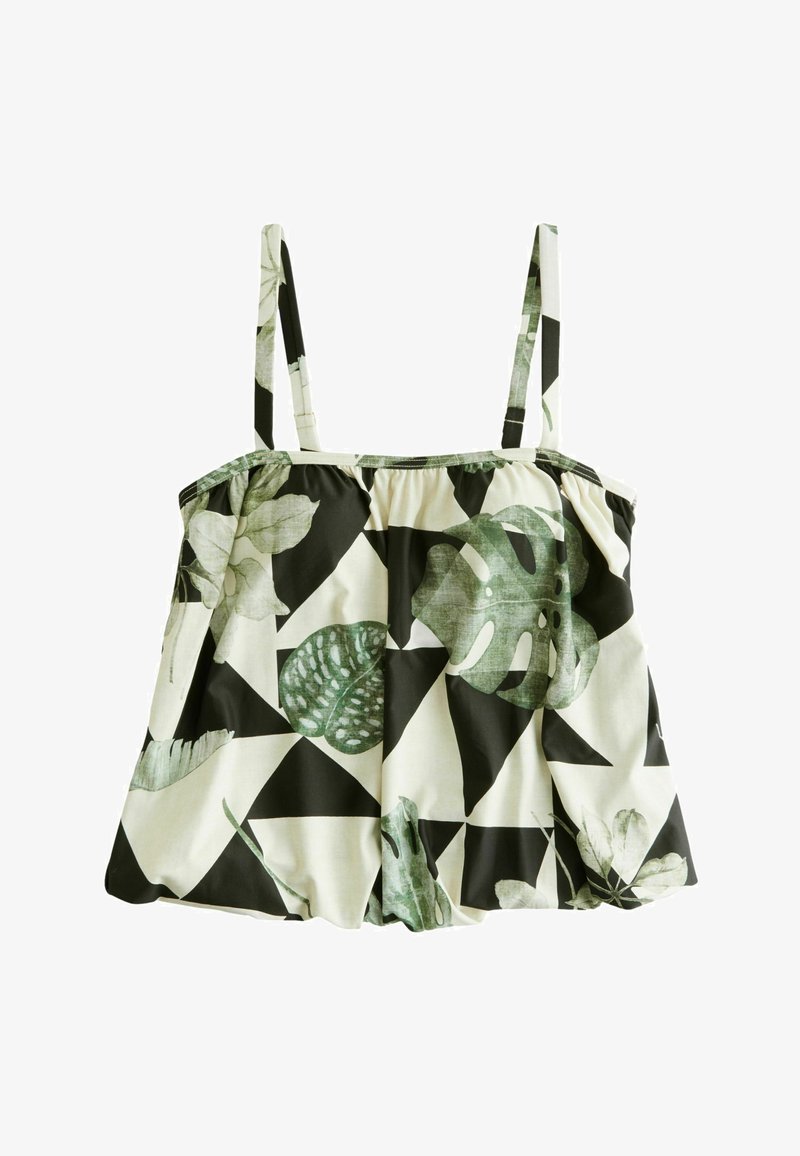 Blumen-Crop-Top mit einem Schwarz-Weiß geometrischen Muster, aus leichtem Stoff, mit verstellbaren Trägern und gerafftem Detail in der Taille.