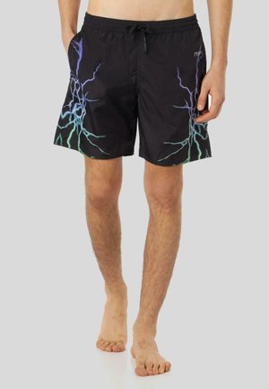 Shorts da bagno neri con vita elastica e cordino, caratterizzati da motivi di fulmini colorati in blu e verde sui lati.