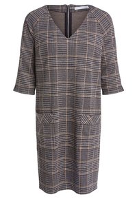 Robe longueur genou avec col en V, manches mi-longues, poches avant et motif à carreaux noir, marron et beige, fermeture éclair dans le dos.