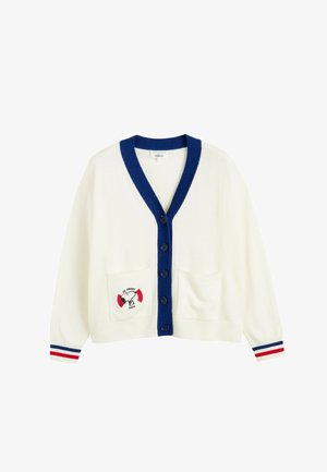 Cardigan bianco con colletto a V blu navy, sei bottoni, due tasche frontali e una grafica di Snoopy con dettagli rossi sulle maniche.