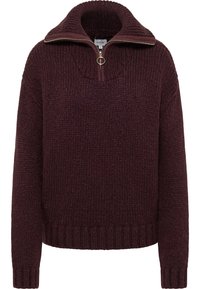 Bordeauxroter Pullover mit einem gerippten hohen Kragen, Reißverschluss und grob gestrickter Textur. Lockerer Schnitt mit gerippten Bündchen und Saum.