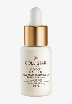 Collistar Gocce Magiche Anti-Aging aufhellendes, schützendes Gesichtskonzentrat mit LSF 50 in einer weißen Flasche mit goldenem Tropfverschluss.