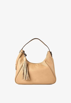 Hellbraune Leder-Umhängetasche mit einem einzelnen Riemen und einer langen passenden Quaste, die an einer Seite hängt.