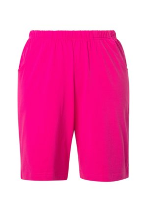 Fuchsia cotton shorts with an elastic waistband, featuring side pockets, a straight leg design, and smooth texture.