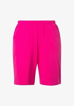 Shorts in cotone fucsia con elastico in vita, dotati di tasche laterali, design a gamba dritta e texture liscia.