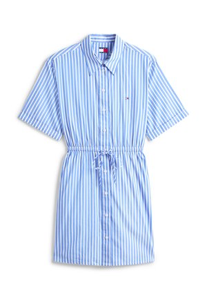 Blauw-wit gestreepte jurk met korte mouwen, verticale strepen, knoopsluiting aan de voorkant en tailleceintuur, met een klein geborduurd logo op de borst.