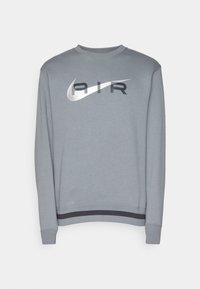 Šedá mikina s kulatým výstřihem, zdobená černo-stříbrným logem Nike a nápisem „AIR“, žebrovanými manžetami a proužkovaným lemem.