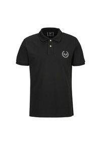 Schwarzes Polo-Shirt aus Baumwolle mit klassischem Kragen und zwei Knöpfen. Es hat ein kleines, weiß gesticktes Logo auf der linken Brust.