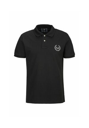 Zwarte poloshirt van katoen, met een klassieke kraag en twee knopen. Het heeft een klein wit geborduurd logo op de linkerkant van de borst.