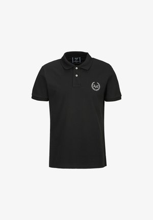 Schwarzes Polo-Shirt aus Baumwolle mit klassischem Kragen und zwei Knöpfen. Es hat ein kleines, weiß gesticktes Logo auf der linken Brust.