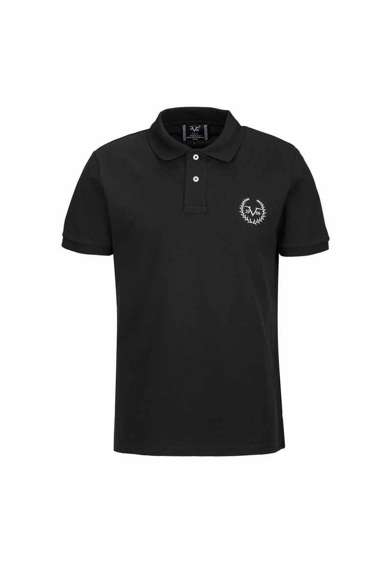 Schwarzes Polo-Shirt aus Baumwolle mit klassischem Kragen und zwei Knöpfen. Es hat ein kleines, weiß gesticktes Logo auf der linken Brust.