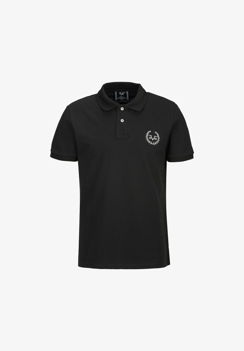 Schwarzes Polo-Shirt aus Baumwolle mit klassischem Kragen und zwei Knöpfen. Es hat ein kleines, weiß gesticktes Logo auf der linken Brust.