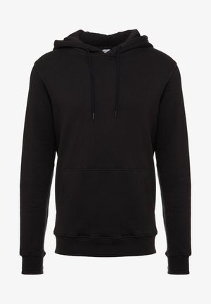 Black hoodie made of cotton blend, featuring a front pocket, drawstring hood, and ribbed cuffs and hem. Smooth texture and casual design.