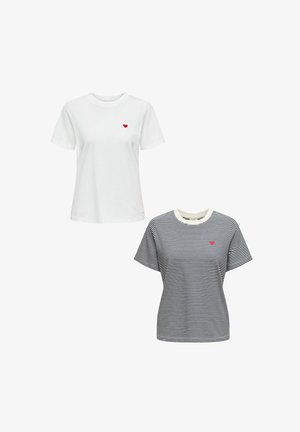 Two t-shirts: one white with a small red heart logo, the other navy and white striped with a similar red heart logo on the chest.