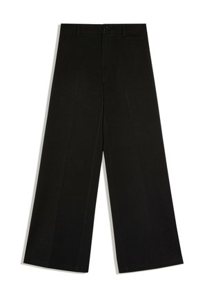 Pantalon noir à jambes larges avec passants de ceinture, fermeture devant par bouton et zip, posé à plat sur fond blanc.