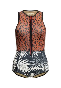 Mouwloze wetsuit met rits aan de voorkant, met een bruin en zwart luipaardprint op de bovenhelft en een zwart-wit tropisch bladerenpatroon op de onderhelft.